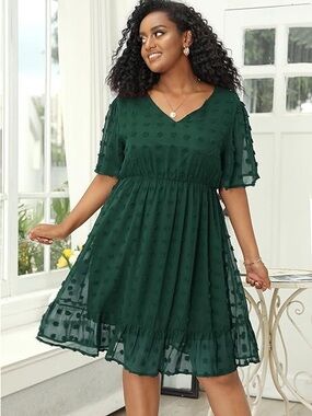V-Neck Swiss Dot Asymmetrical Midi Dress in Dark Green